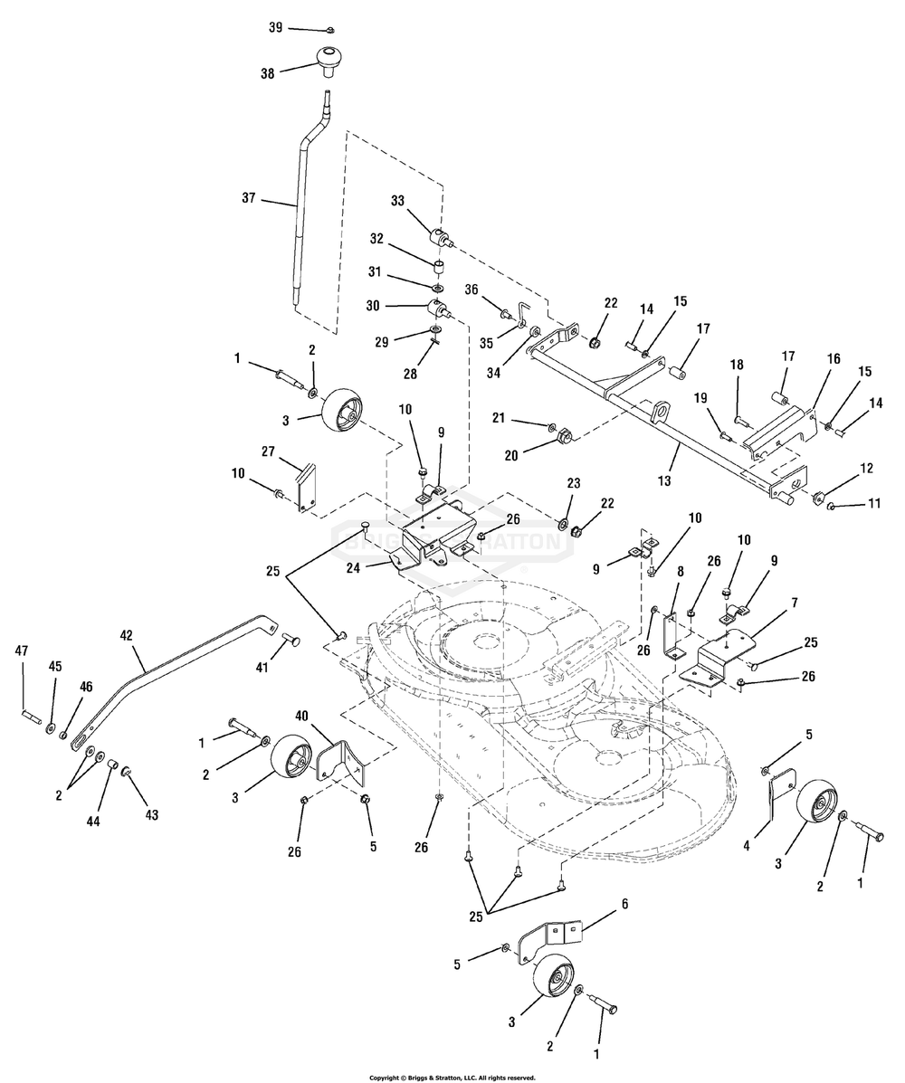 42-Inch Mower Deck - Height Adjustment Group Diagram and Parts List for 2690514 (107277680)(2005) Briggs and Stratton Lawn Tractor